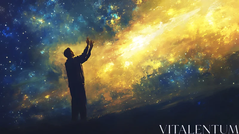 Silhouetted observer reaches toward luminous galactic nebula field