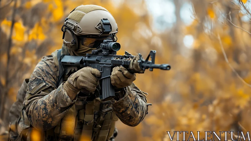 Autumn-cloaked operator stalking through amber woodland hush.