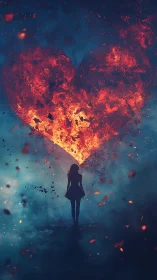 Solitary Figure Gazing Upon Luminescent Heart Explosion