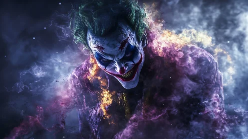 Chaotic clown specter grins through violet stormfire haze.