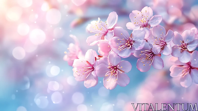 Delicate Cherry Blossoms in Soft Focus with Golden Stamens