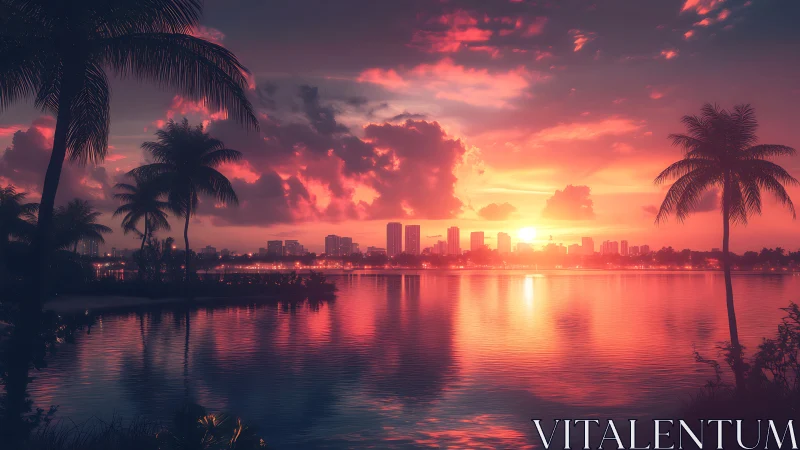 Neon dusk over palm-framed city lagoon in molten sunset glow.
