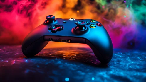 Gaming Controller Glows Against Vibrant Neon Backdrop.