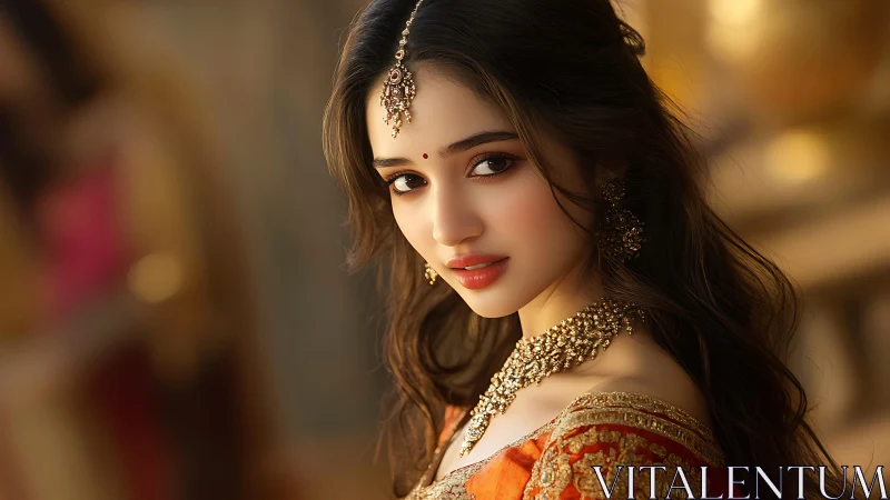 Portrait captures ornate bridal jewelry in warm cinematic lighting