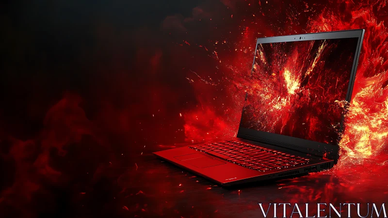 Red gaming laptop rendered with explosive fiery particle burst