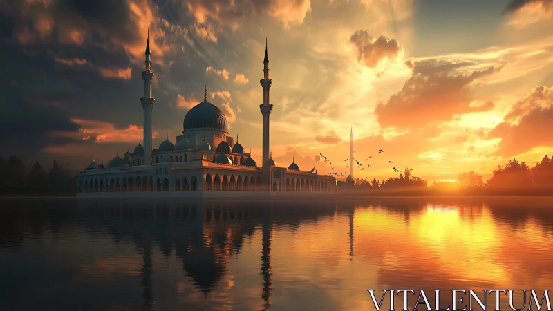 Lakeside mosque glows under dramatic golden sunset sky.