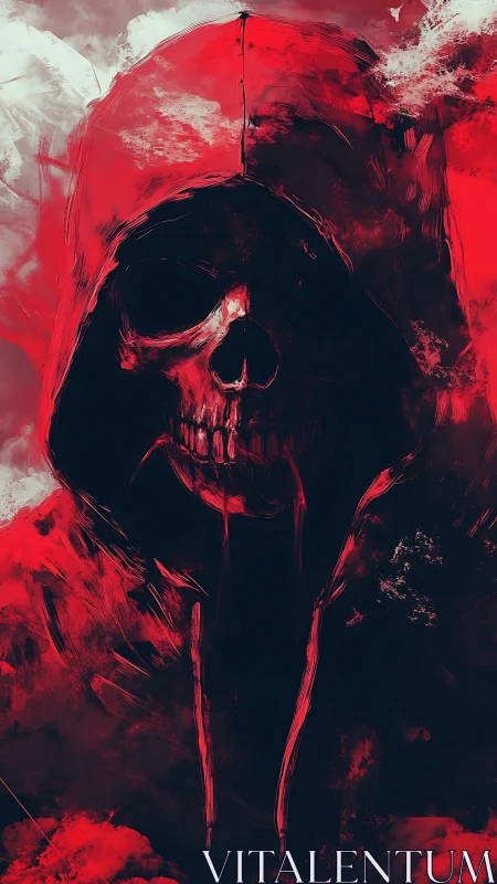 Digital painting of a hooded red skull wreathed in abstract smoke.
