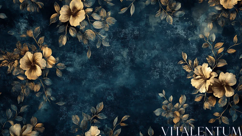 Golden Flowers Against Teal Textured Background.