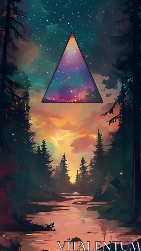 Triangular cosmic portal above chromatic twilight riverine forest.