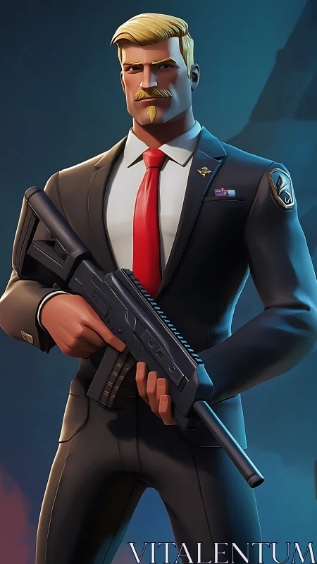 Suited guardian stands poised with rifle in neon hush.