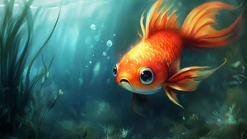Goldfish with enlarged eyes swims alone in bluish water