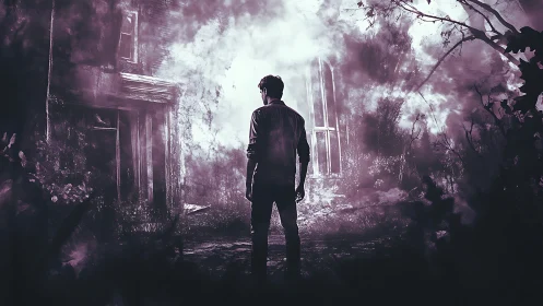 Lone man stands before eerie ruined house in foggy night.