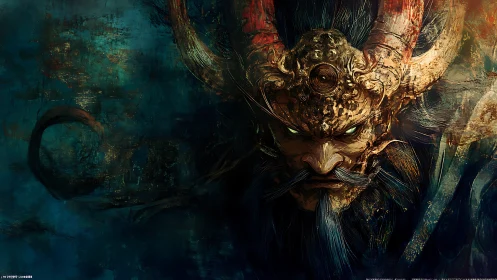 Demonic warlord portrait with gilded horned crown looming.