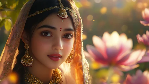 Young woman in traditional jewelry among lotus flowers.