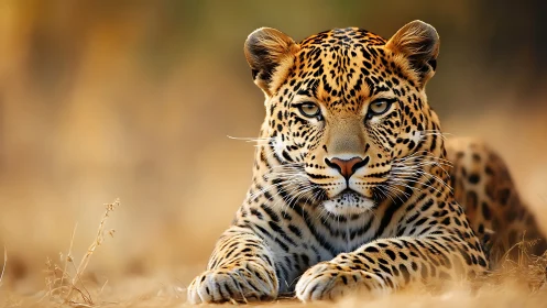 Majestic Leopard Rests with Calm, Penetrating Gaze