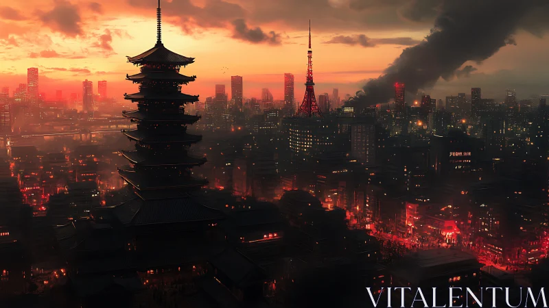 Neon dusk over burning Tokyo skyline and ancient pagoda.