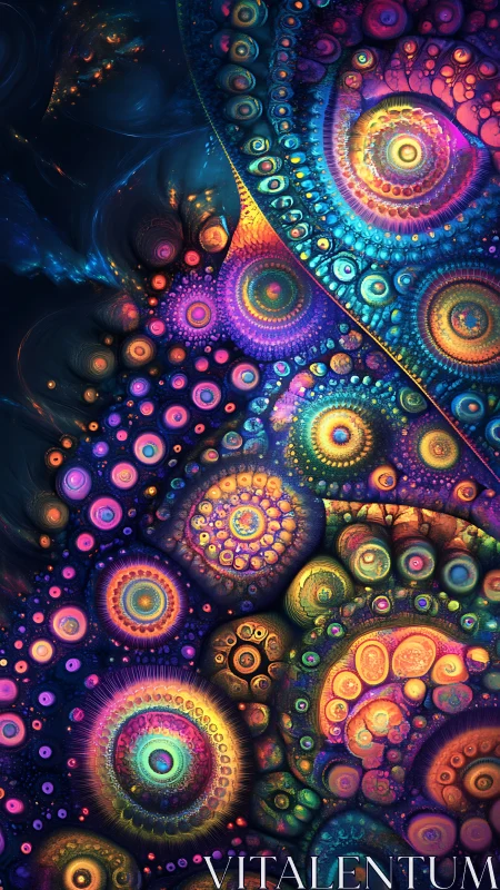 Multicolored concentric fractal circles on dark background.