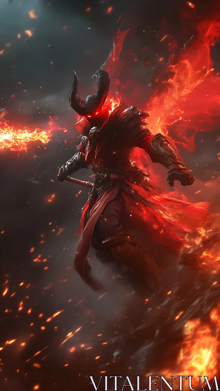 Armored horned figure wields flaming sword in dark environment