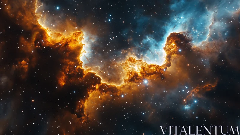 Fiery cosmic nebula glows against a deep star-filled void.