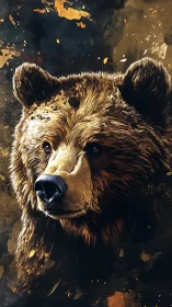 Bear head portrait fills frame against dark abstract backdrop.
