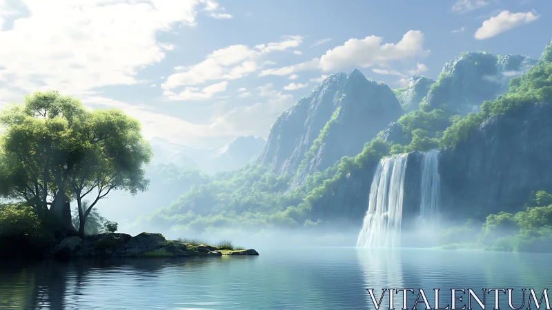 Mist-kissed waterfalls whisper across glassy mountain lake