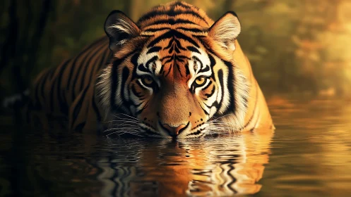 Tiger partially submerged in shallow reflective water surface.