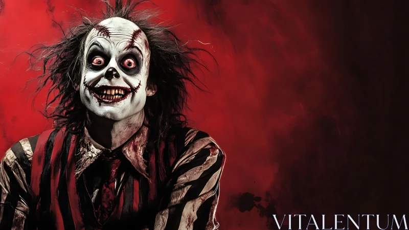 Grim clown portrait against red textured studio backdrop.
