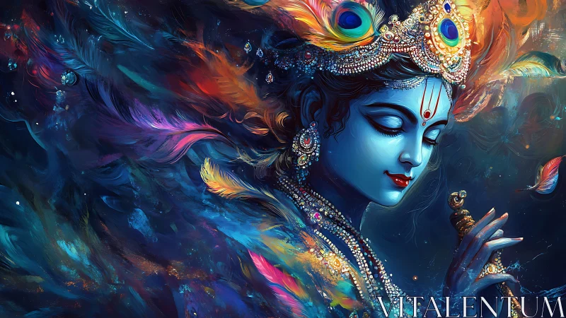 Celestial blue deity cloaked in peacock-feathered starlight.