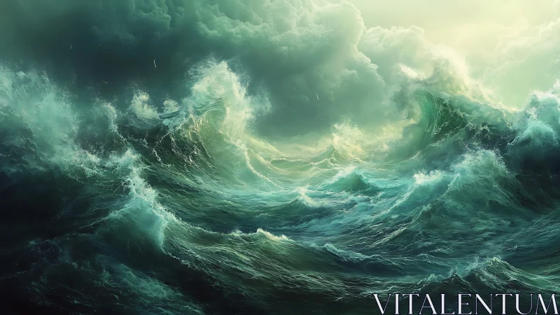 Stormy green ocean waves beneath dense overcast sky.