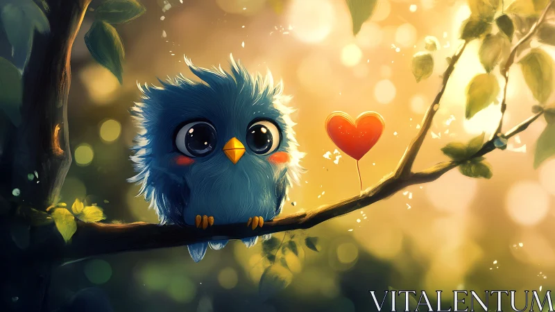 Cute blue fluffy bird with big eyes on a tree branch, digital art.