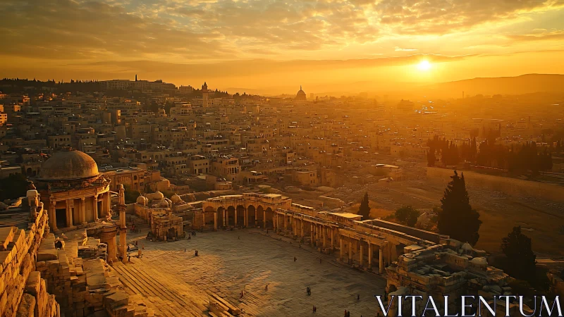 Sunlit ancient amphitheater overlooks dense urban landscape