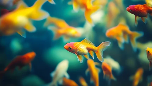 Goldfish school in blue aquarium water with soft focus.