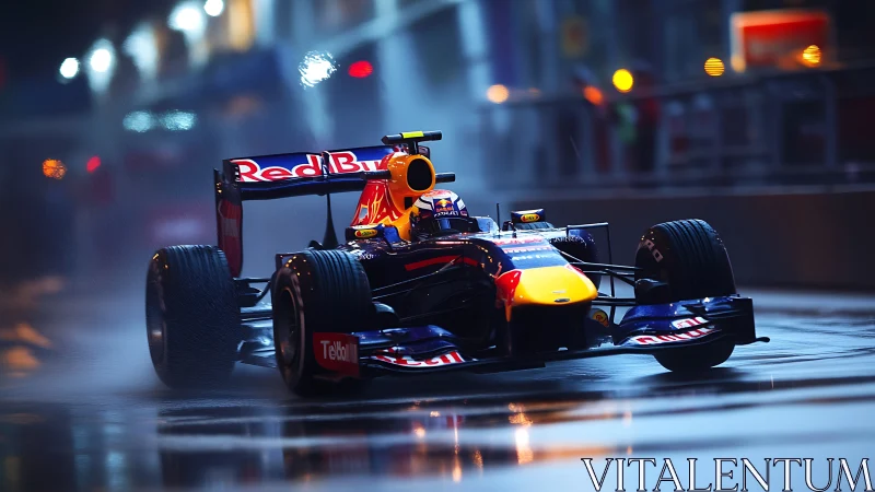 Formula 1 Red Bull car racing at night on wet circuit.