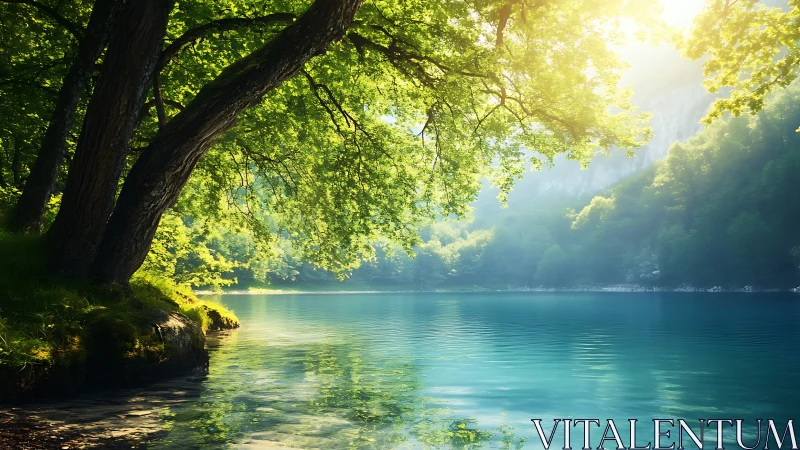 Lake landscape with mature tree and forest backdrop.