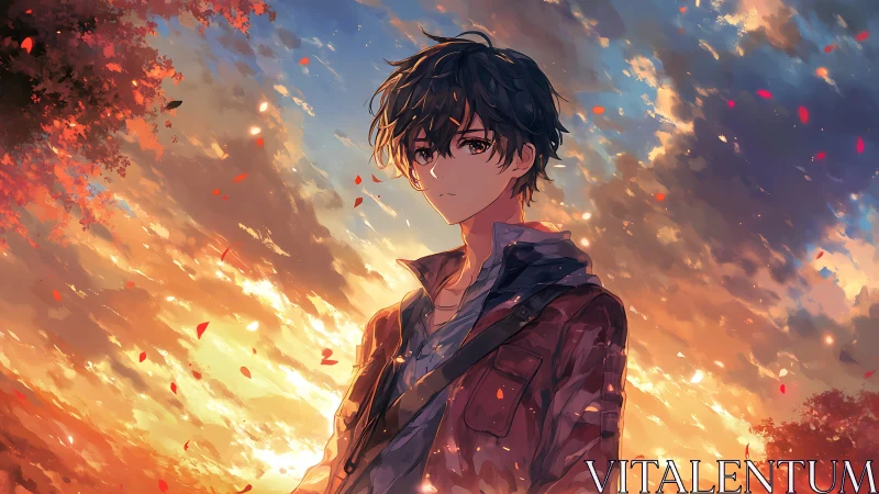 Sunset-lit anime boy beneath blazing autumn skyscape.