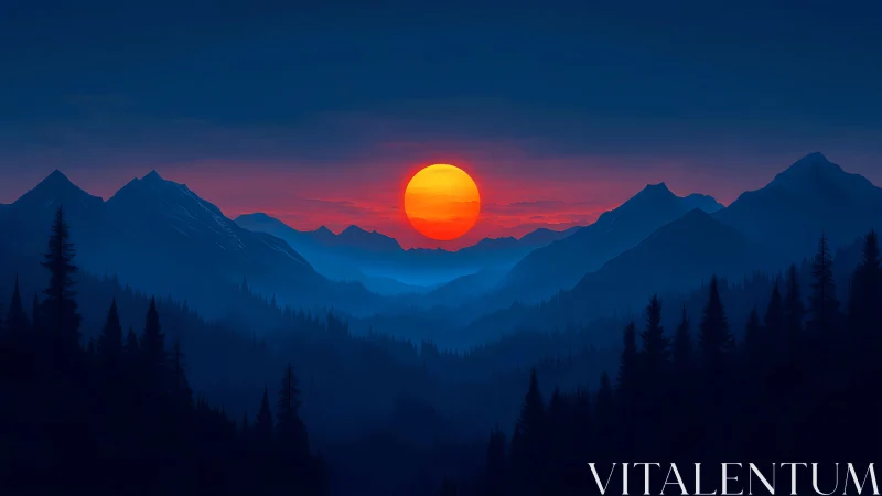 Radiant sunset settles over misty blue pine mountains