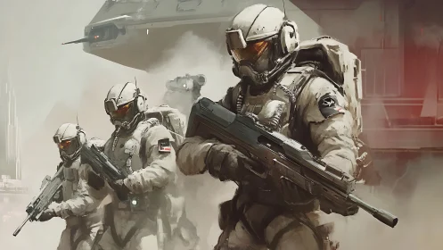 Heavily armed sci‑fi infantry advance through dense urban fog