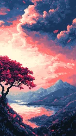 Pixel landscape with lake, mountains and red tree at dusk.