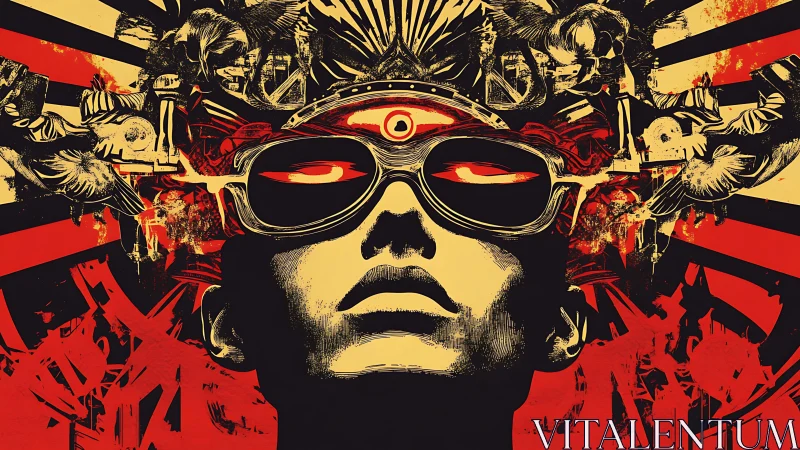 Surreal cyber icon stares outward amid explosive chaos.