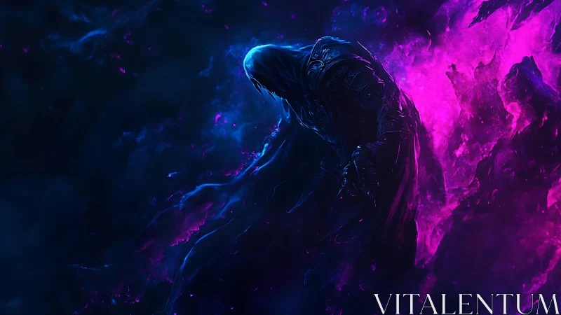 Shrouded specter emerges from vivid cosmic void.