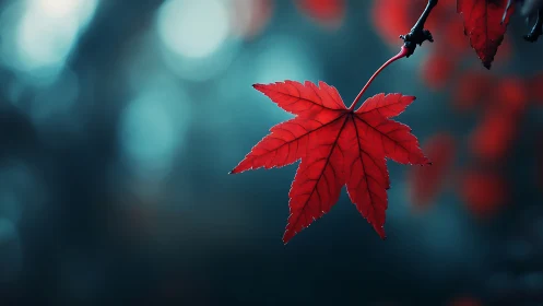 Solitary crimson maple leaf against teal bokeh dusk.