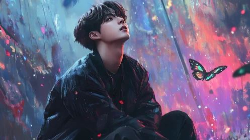 Stargazing dreamer beneath neon rain and silent butterflies.