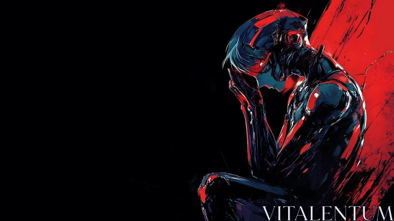 Crouched cybernetic figure rendered in red and blue contrast