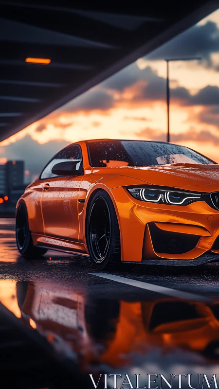 Molten-orange street beast hums softly beneath a rainy sunset