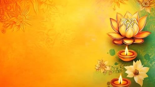 Golden lotus diyas glow softly against warm festive light