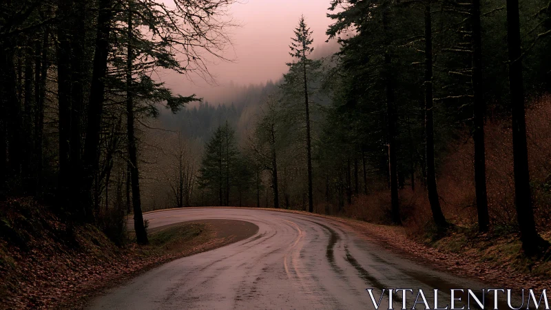 Winding Forest Road at Dusk with Morning Mist.