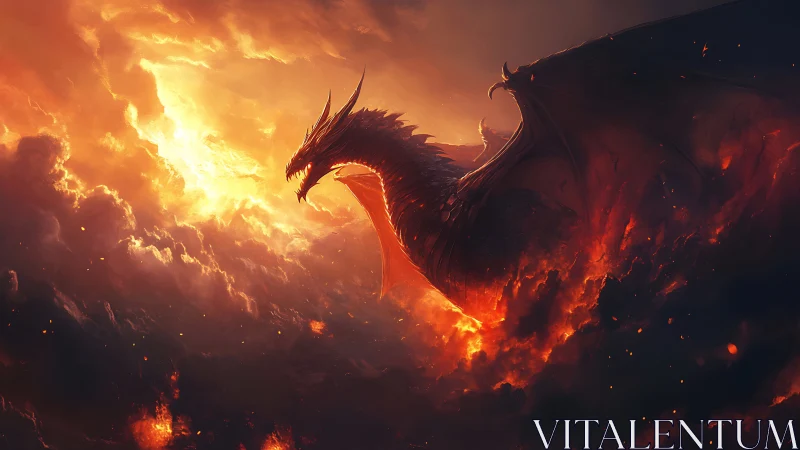 Volcanic dragon silhouette intersects incandescent storm cloud field