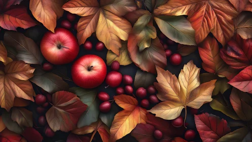 Ripe red apples rest among richly colored autumn leaves