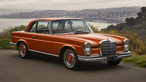 Sunlit classic orange Mercedes coupe enjoys a quiet coastal road