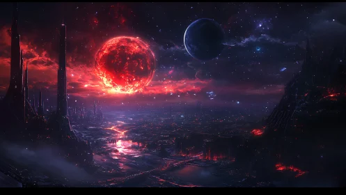 Binary planets above volcanic megacity under crimson star